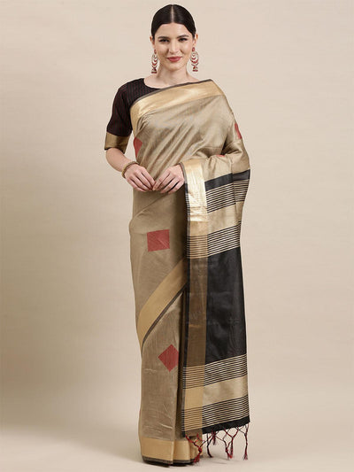 Women's Cotton Silk Cream Woven Design Handloom Saree With Blouse Piece - Odette