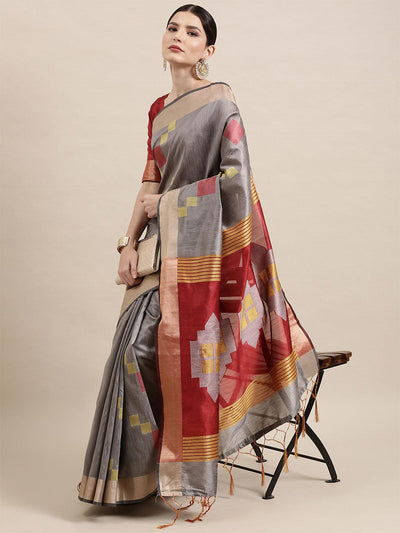 Women's Cotton Silk Grey Woven Design Handloom Saree With Blouse Piece - Odette