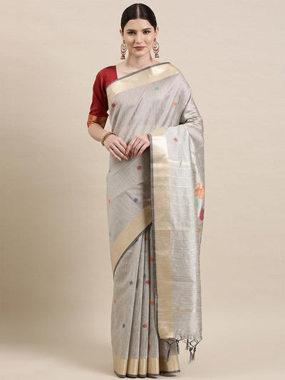 Women's Cotton Silk Grey Woven Design Handloom Saree With Blouse Piece - Odette