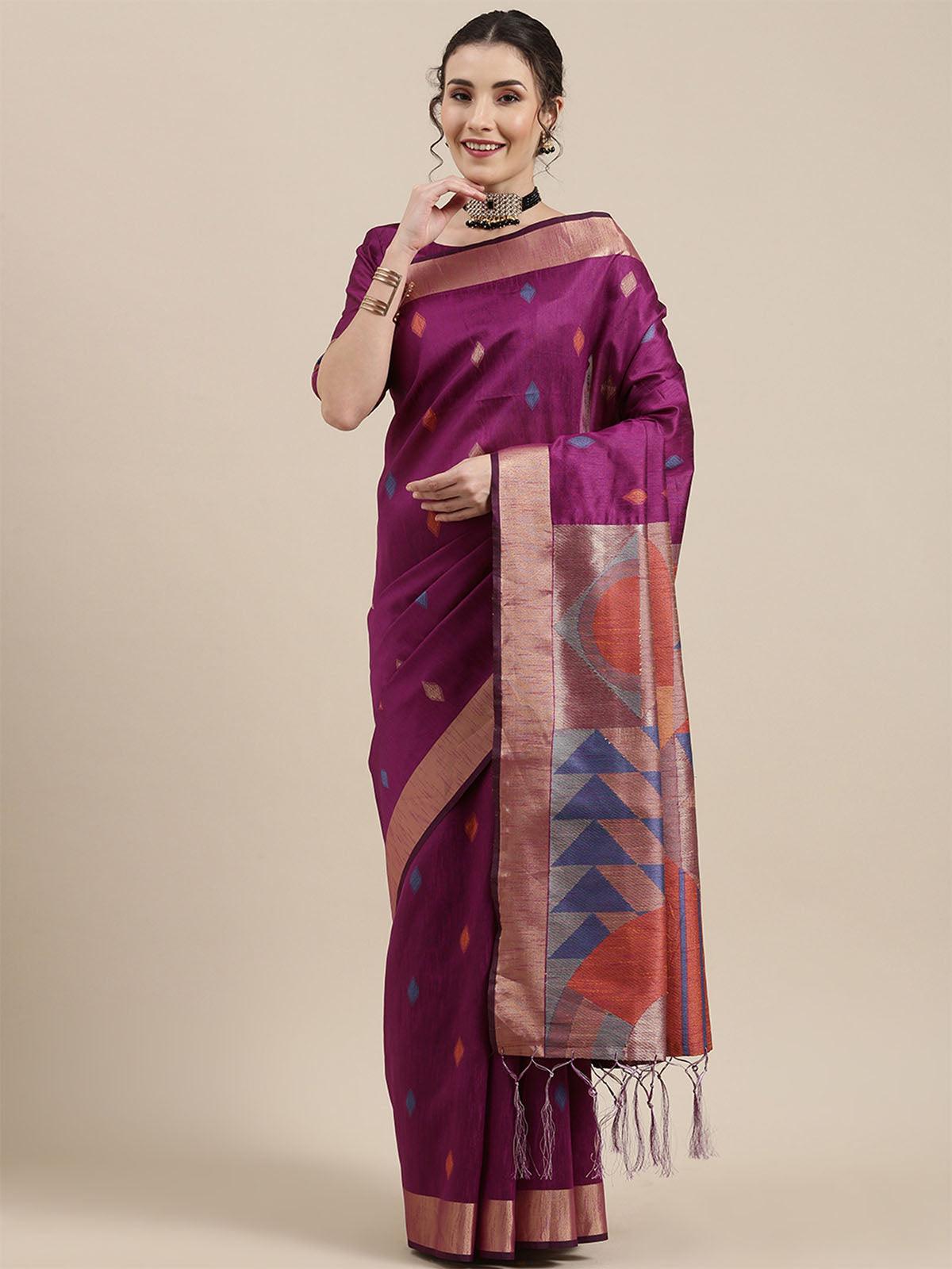Women's Cotton Silk Magenta Woven Design Handloom Saree With Blouse Piece - Odette