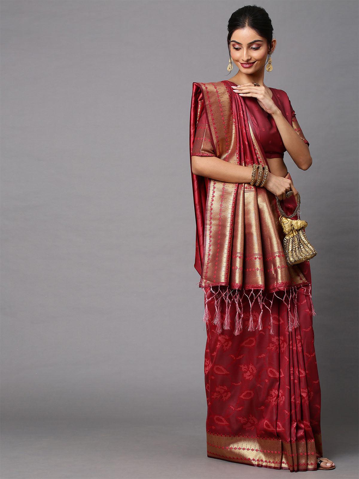 Women's Cotton Silk Maroon Printed Celebrity Saree With Blouse Piece - Odette