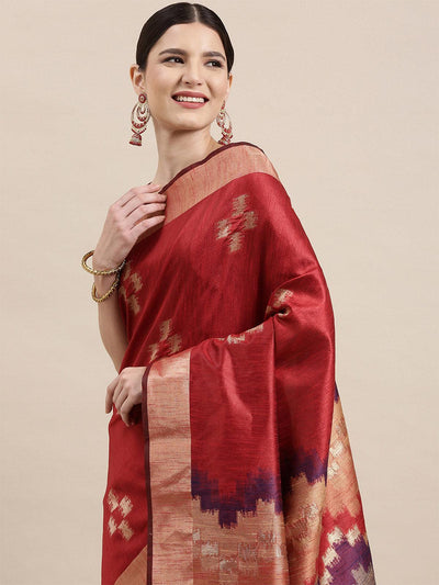 Women's Cotton Silk Maroon Woven Design Handloom Saree With Blouse Piece - Odette