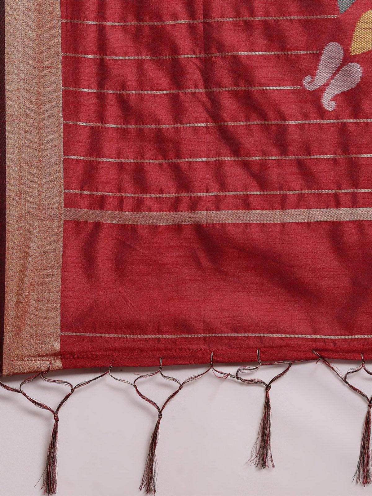 Women's Cotton Silk Maroon Woven Design Handloom Saree With Blouse Piece - Odette