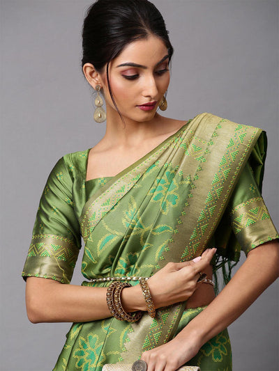 Women's Cotton Silk Olive Printed Celebrity Saree With Blouse Piece - Odette