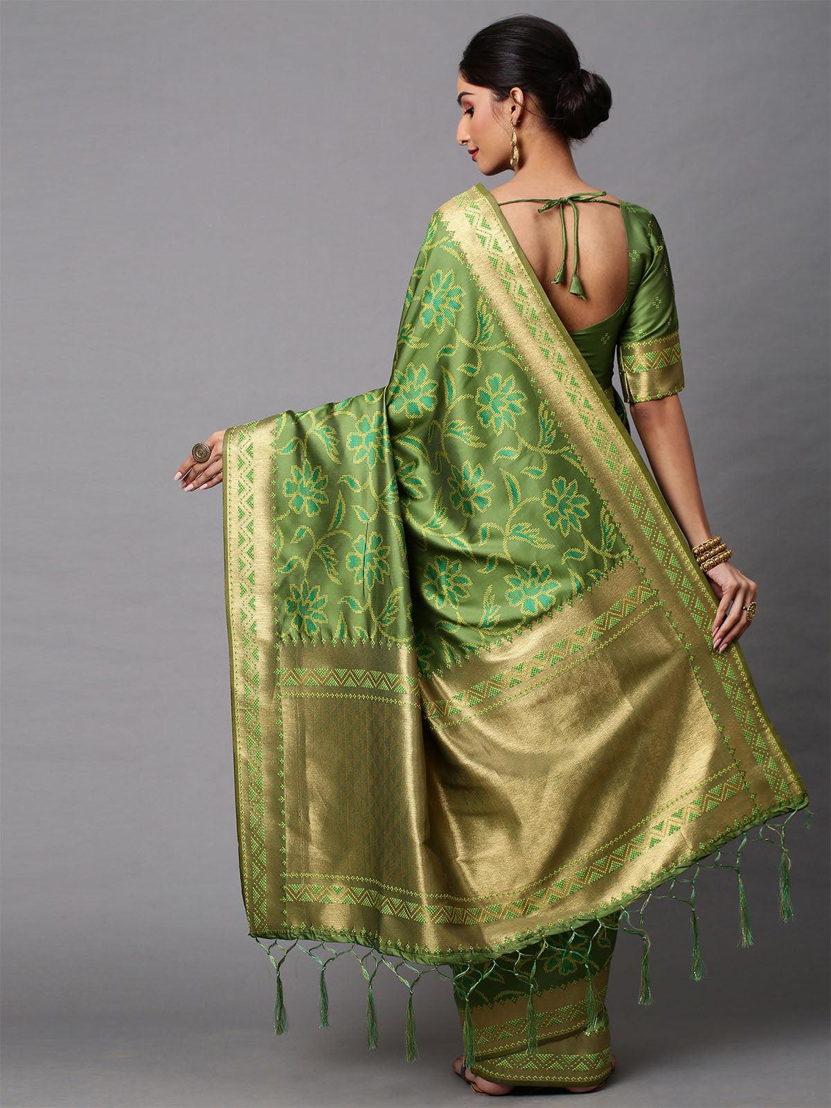 Women's Cotton Silk Olive Printed Celebrity Saree With Blouse Piece - Odette
