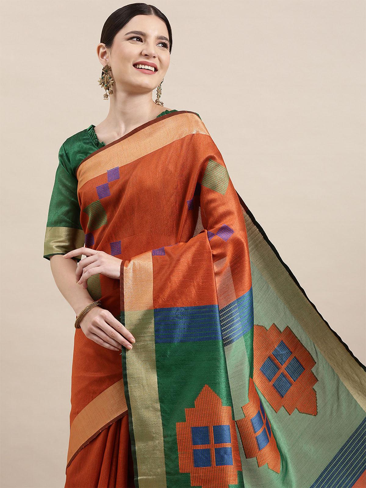 Women's Cotton Silk Orange Woven Design Handloom Saree With Blouse Piece - Odette
