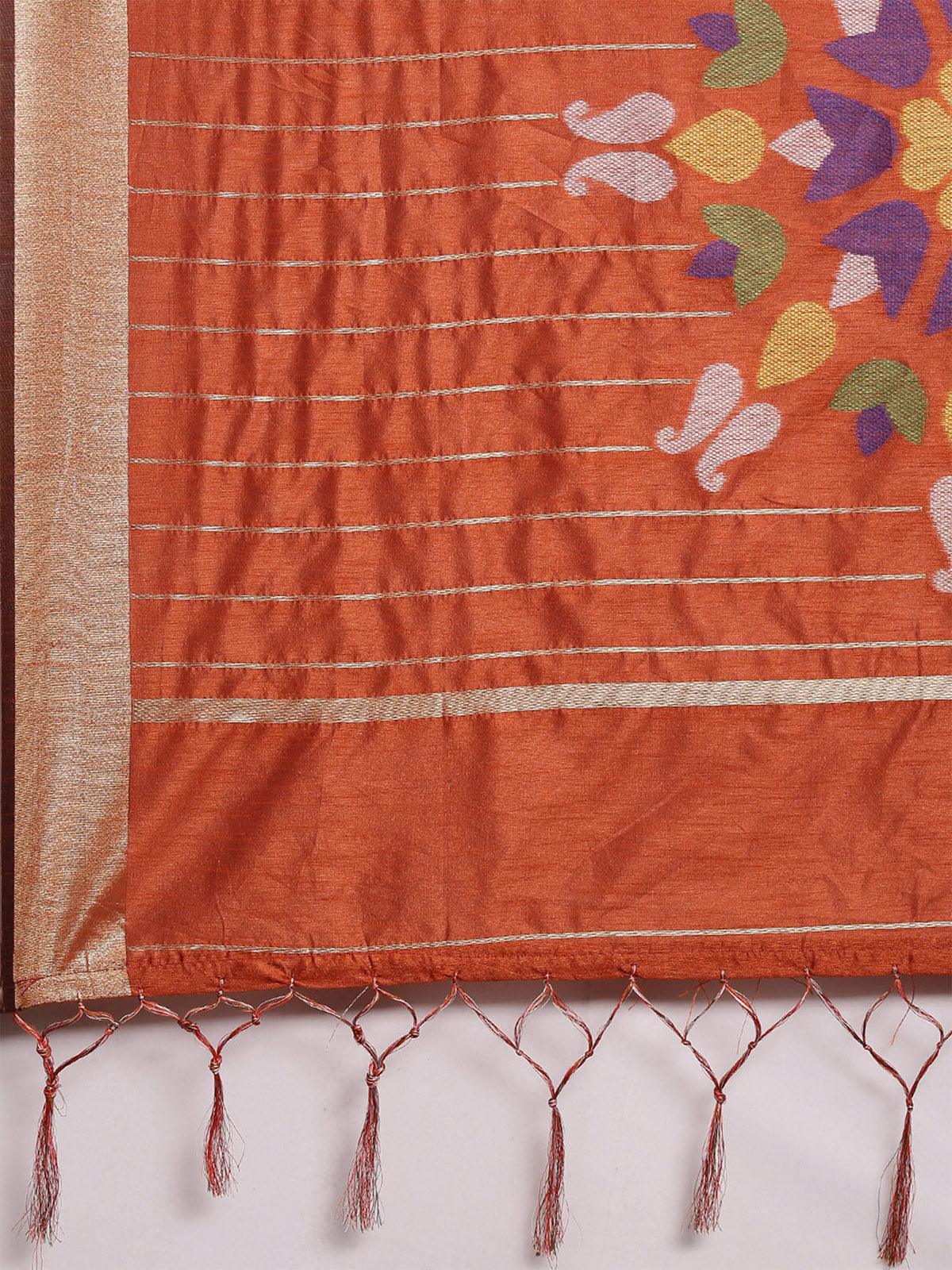 Women's Cotton Silk Orange Woven Design Handloom Saree With Blouse Piece - Odette