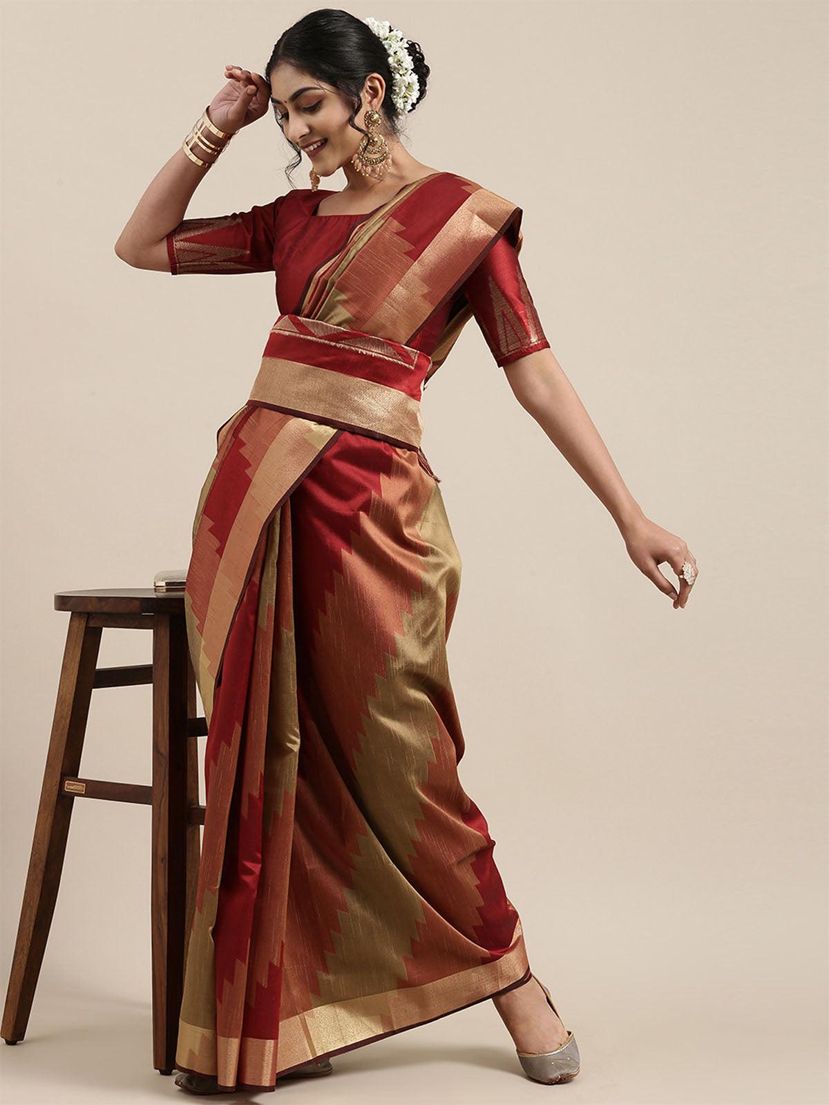 Women's Cotton Silk Rust Woven Design Handloom Saree With Blouse Piece - Odette