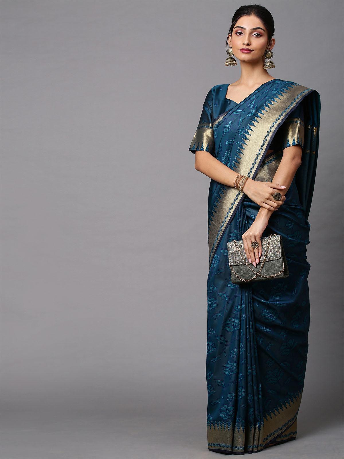 Women's Cotton Silk Teal blue Printed Celebrity Saree With Blouse Piece - Odette