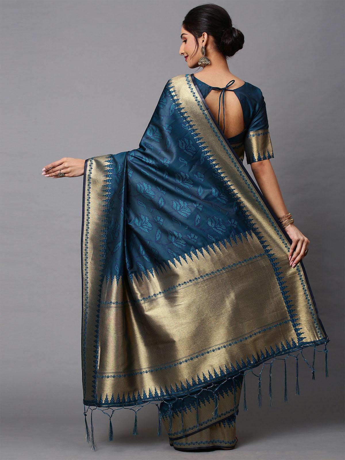 Women's Cotton Silk Teal blue Printed Celebrity Saree With Blouse Piece - Odette