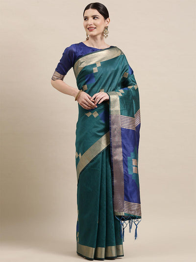 Women's Cotton Silk Teal blue Woven Design Handloom Saree With Blouse Piece - Odette