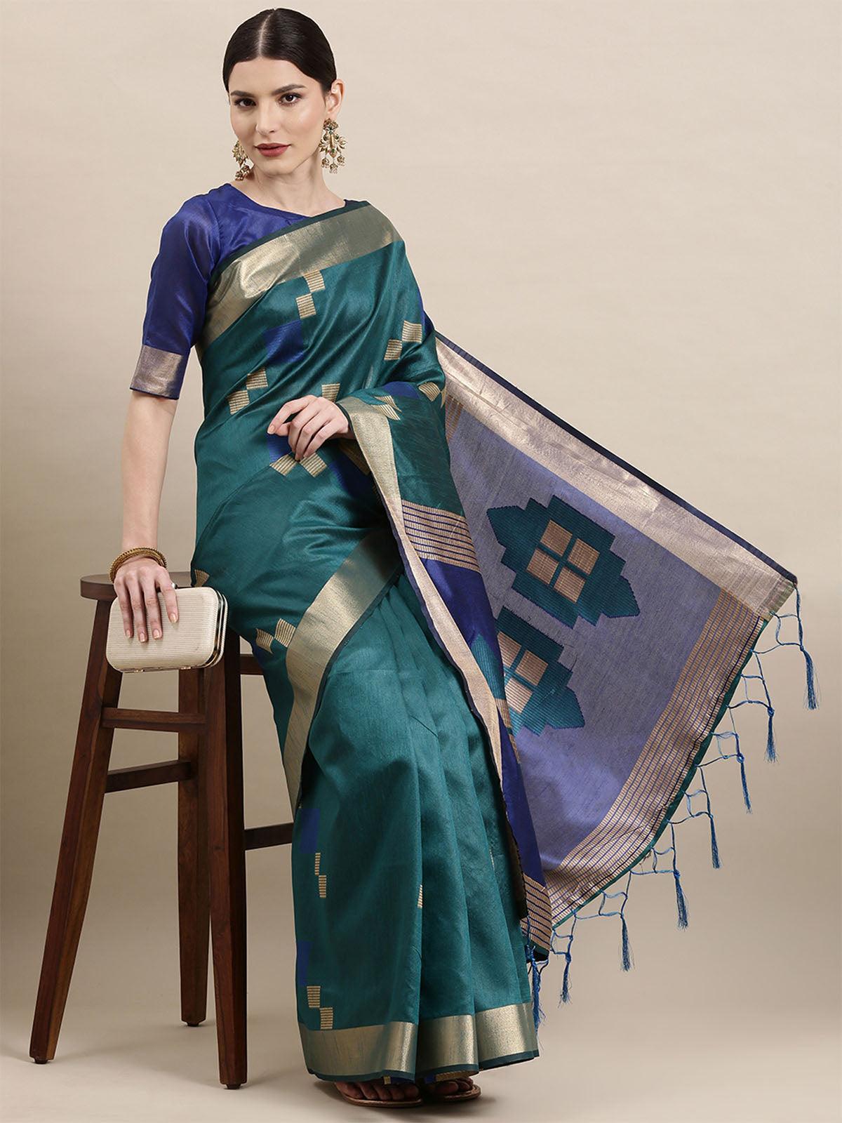 Women's Cotton Silk Teal blue Woven Design Handloom Saree With Blouse Piece - Odette