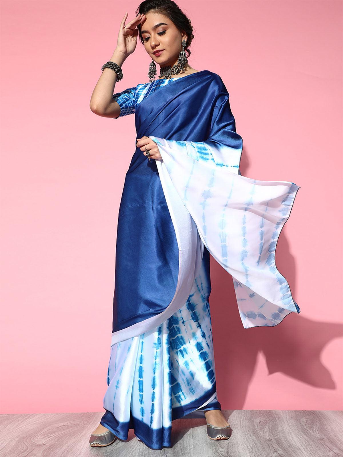 Women's Crepe Blue Printed Celebrity Saree With Blouse Piece - Odette