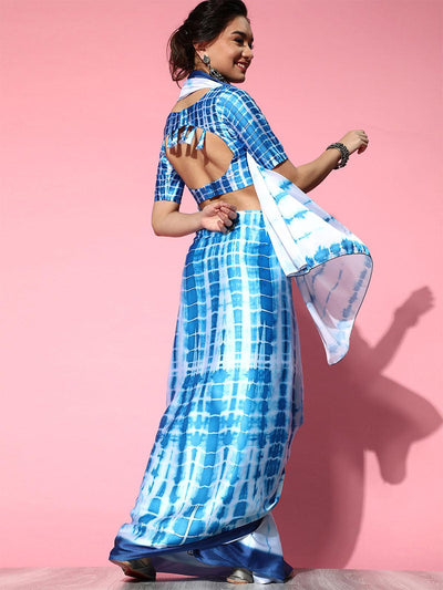 Women's Crepe Blue Printed Celebrity Saree With Blouse Piece - Odette