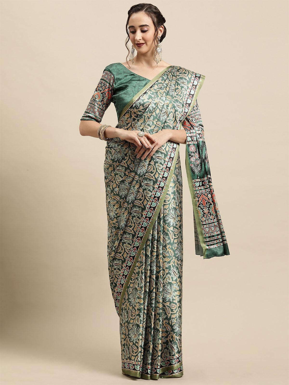 Women's Crepe Green Printed Designer Saree With Blouse Piece - Odette