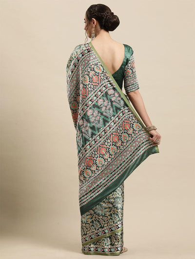 Women's Crepe Green Printed Designer Saree With Blouse Piece - Odette
