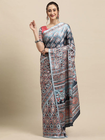 Women's Crepe Grey Printed Designer Saree With Blouse Piece - Odette