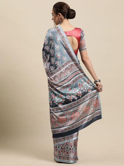 Women's Crepe Grey Printed Designer Saree With Blouse Piece - Odette