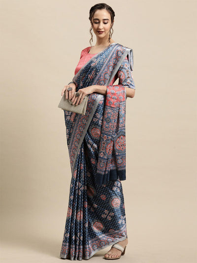 Women's Crepe Navy Blue Printed Designer Saree With Blouse Piece - Odette