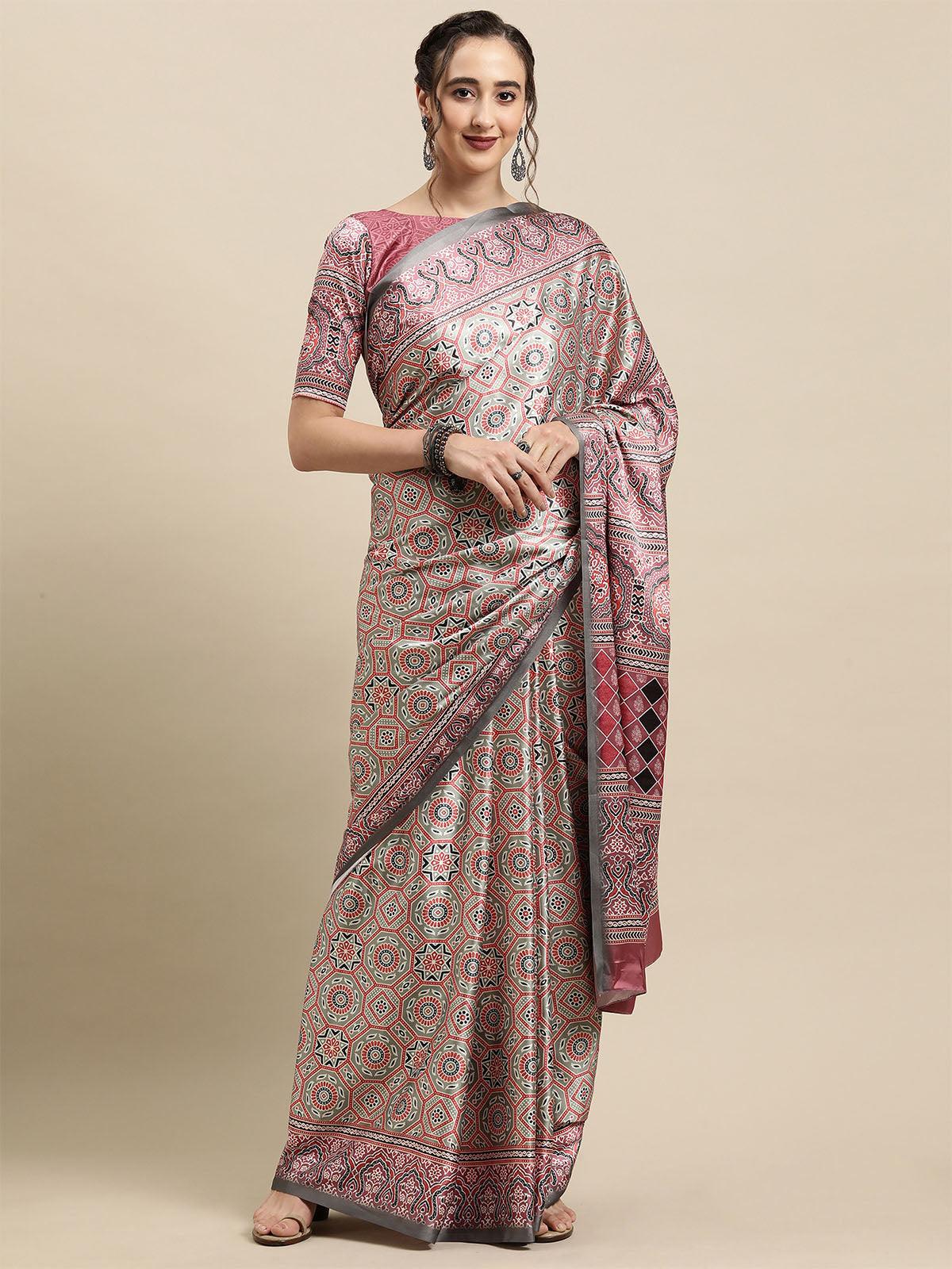 Women's Crepe Olive Printed Designer Saree With Blouse Piece - Odette
