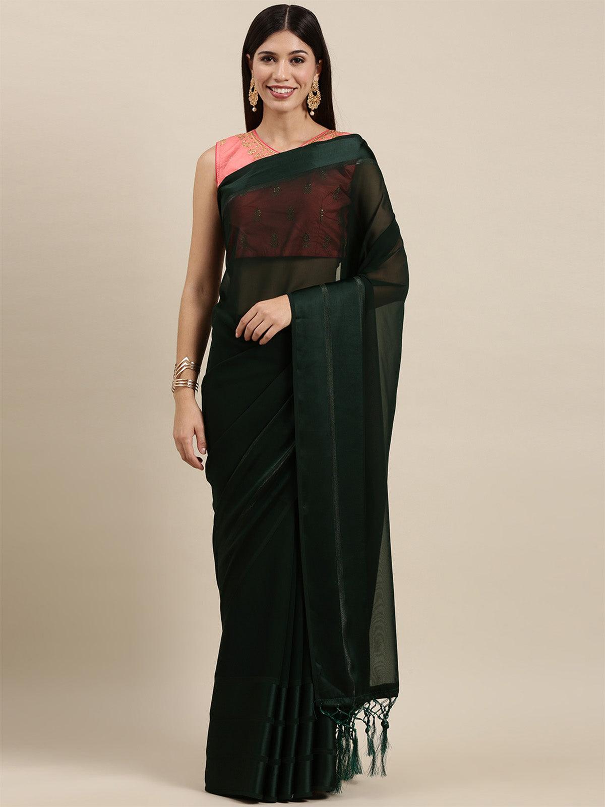 Women's Georgette Dark Green Solid Designer Saree With Blouse Piece - Odette