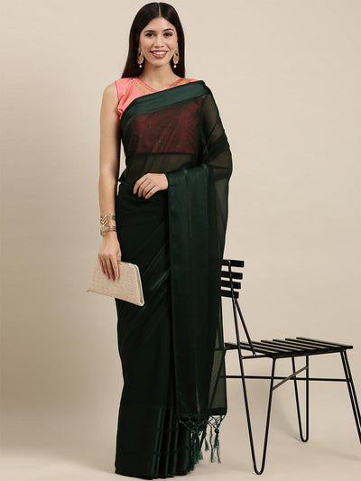Women's Georgette Dark Green Solid Designer Saree With Blouse Piece - Odette