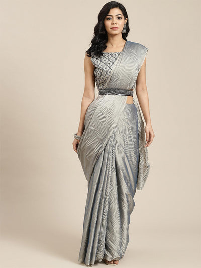 Women's Georgette Grey Solid Belted Sarees With Blouse Piece - Odette