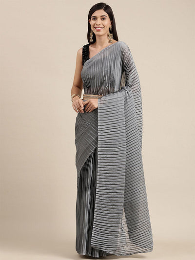 Women's Georgette Grey Solid Celebrity Saree With Blouse Piece - Odette