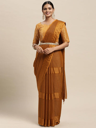 Women's Georgette Mustard Solid Belted Sarees With Blouse Piece - Odette