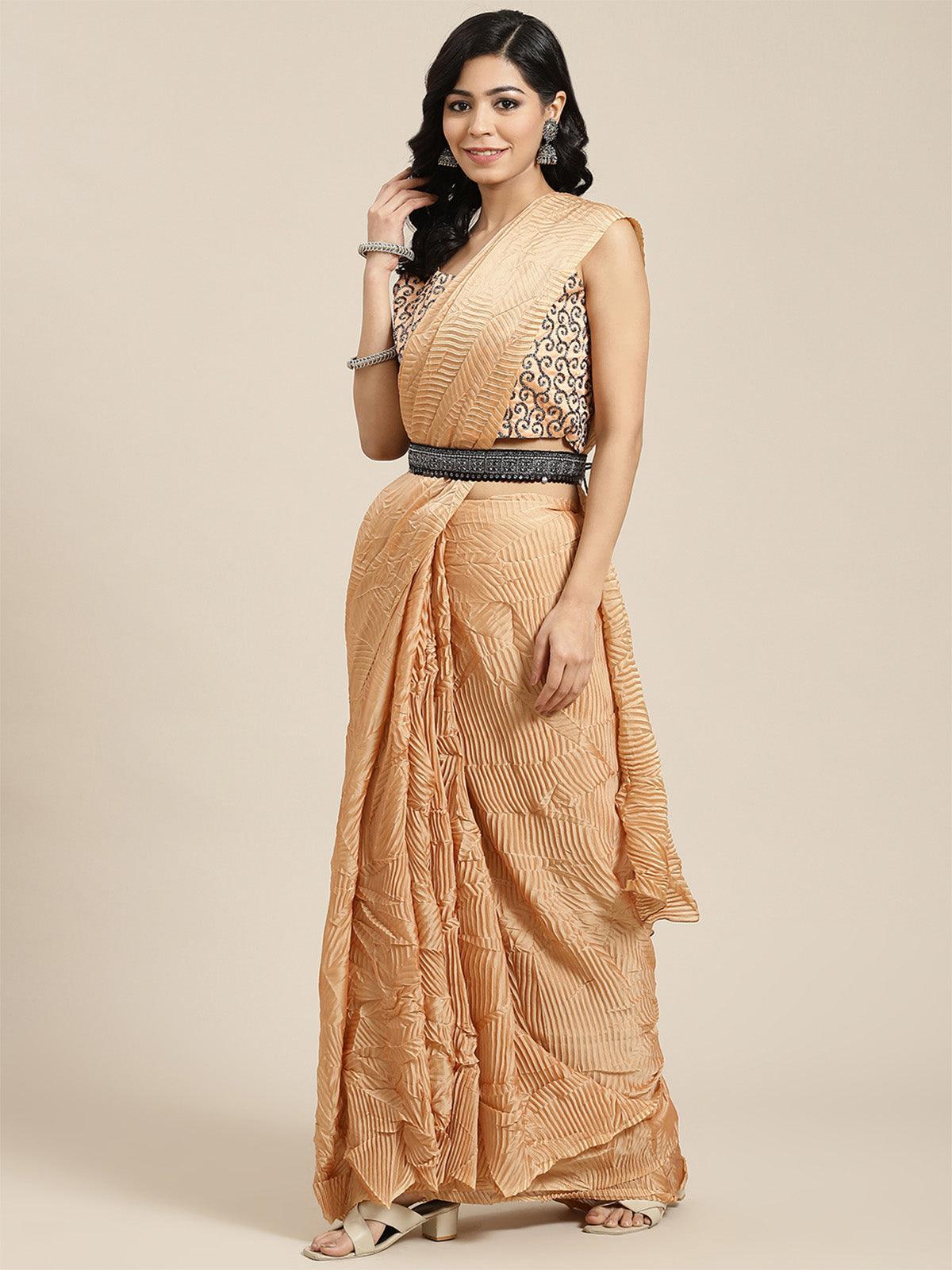 Women's Georgette Peach Solid Belted Sarees With Blouse Piece - Odette