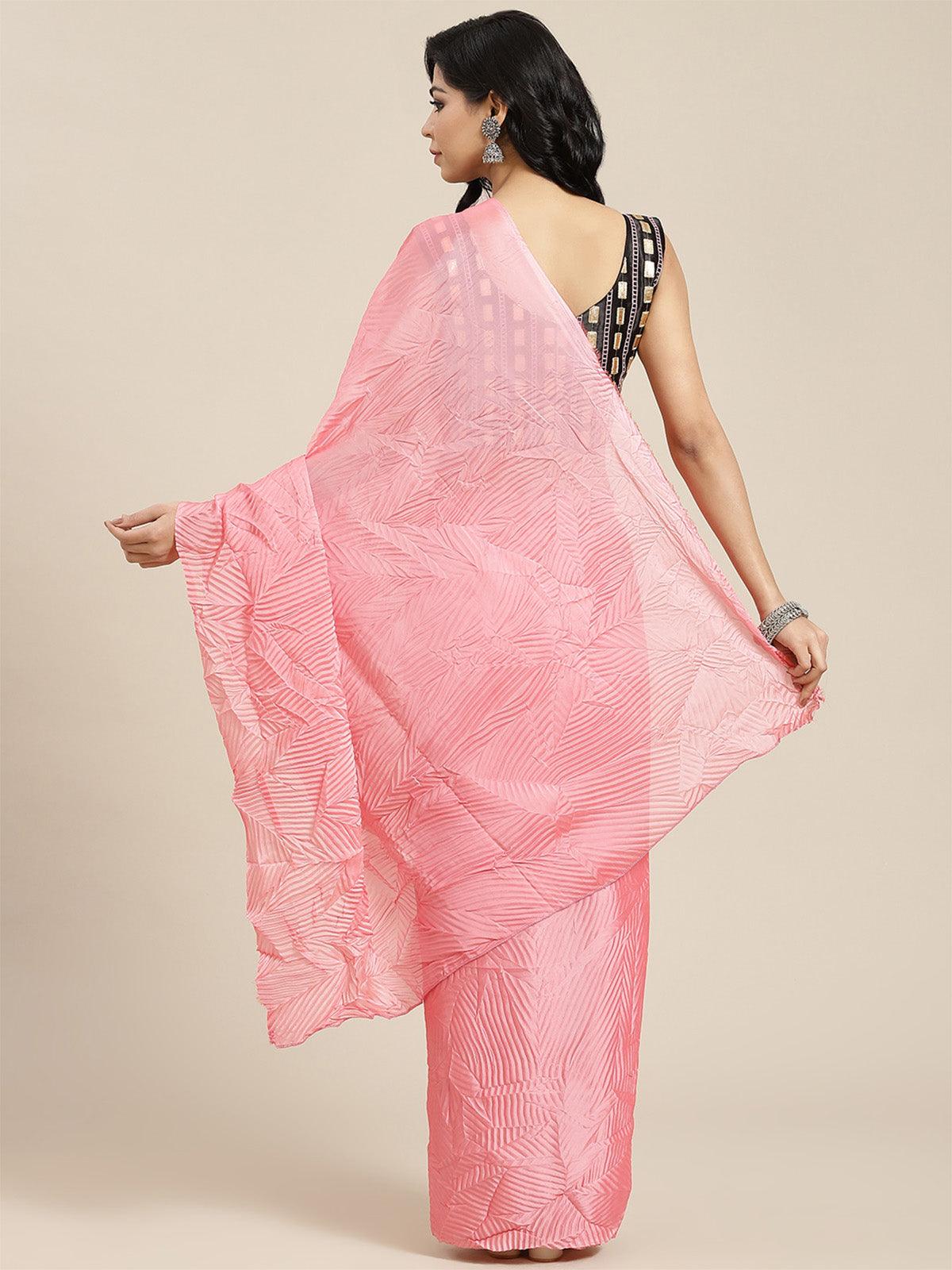 Women's Georgette Pink Solid Belted Sarees With Blouse Piece - Odette