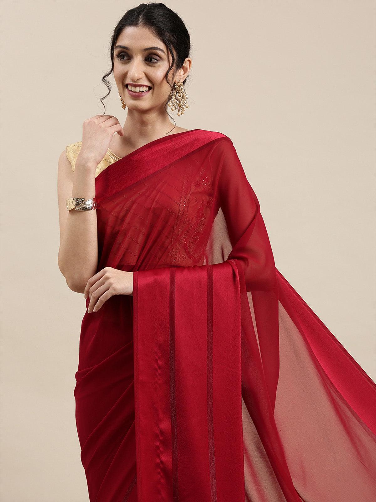 Women's Georgette Red Solid Designer Saree With Blouse Piece - Odette