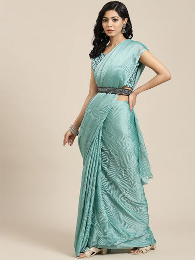 Women's Georgette Teal blue Solid Belted Sarees With Blouse Piece - Odette
