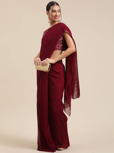 Women's Georgette Wine Solid Celebrity Saree With Blouse Piece - Odette