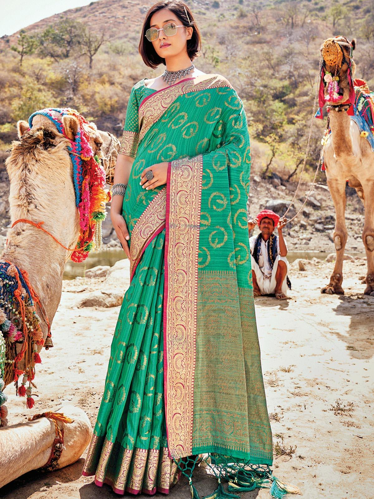 Women's Green Banarasi Silk Woven Design Saree With Blouse Piece - Odette