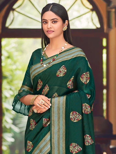 Women's Green Chanderi  Printed Saree With Blouse Piece - Odette