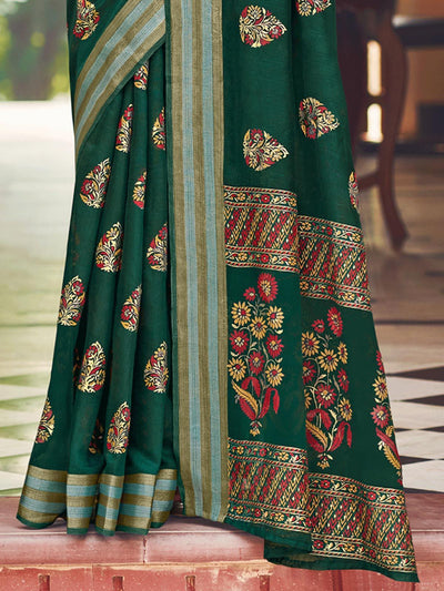 Women's Green Chanderi  Printed Saree With Blouse Piece - Odette