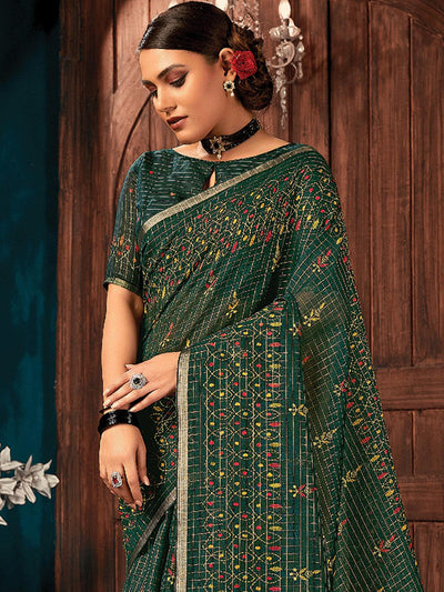 Women's Green Cotton Printed Saree With Blouse Piece - Odette
