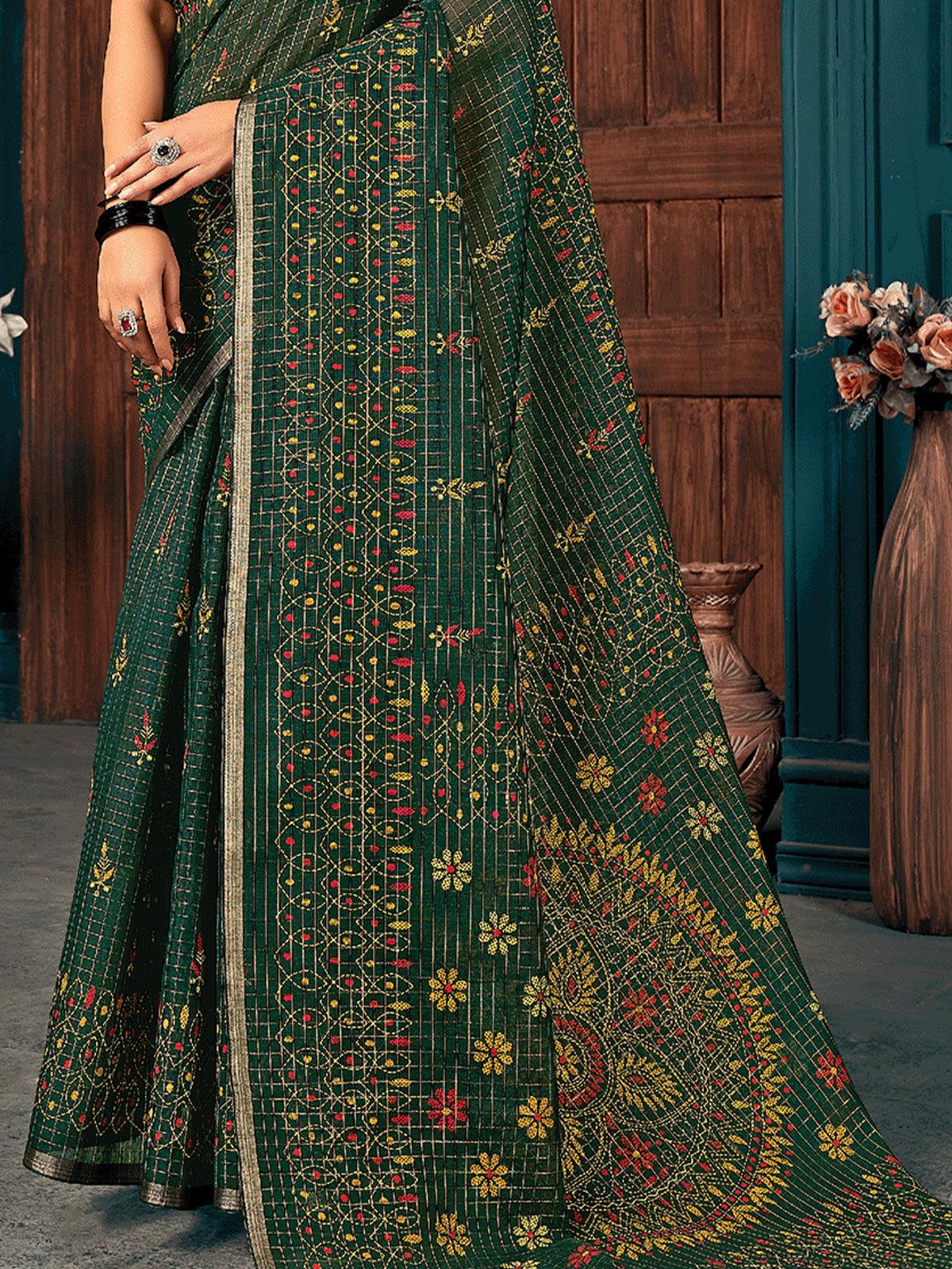 Women's Green Cotton Printed Saree With Blouse Piece - Odette