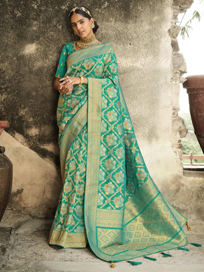 Women's Green Jacquard Woven Design Saree With Blouse Piece - Odette