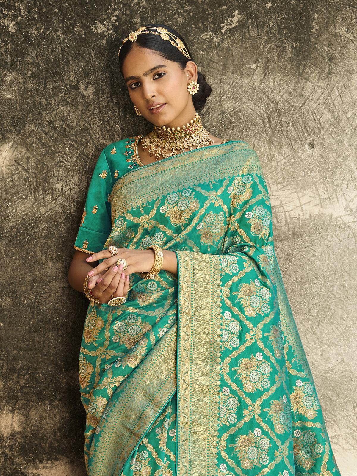 Women's Green Jacquard Woven Design Saree With Blouse Piece - Odette