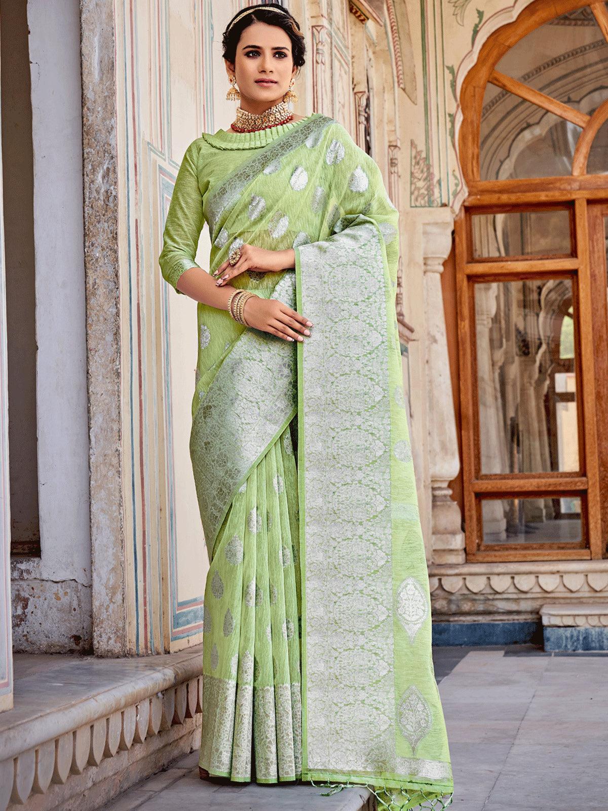 Women's Green Linen Woven Design Saree With Blouse Piece - Odette