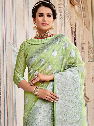 Women's Green Linen Woven Design Saree With Blouse Piece - Odette