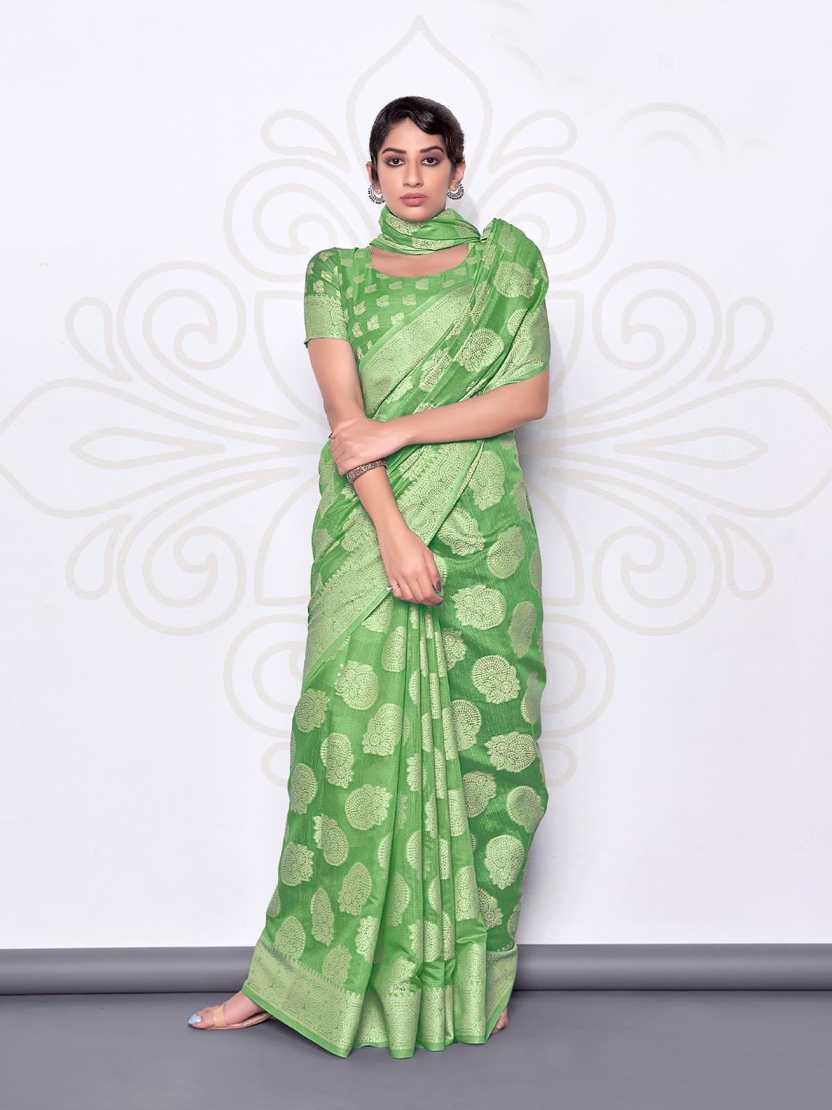 Women's Green Lucknowi Cotton Hand Weaving Work Saree With Blouse Piece - Odette