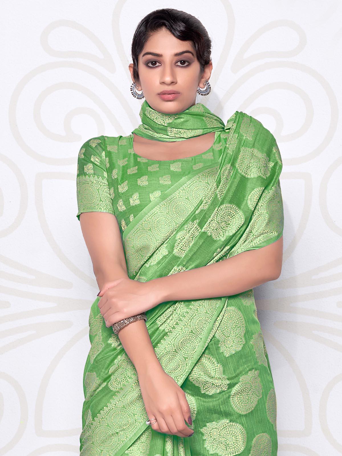 Women's Green Lucknowi Cotton Hand Weaving Work Saree With Blouse Piece - Odette