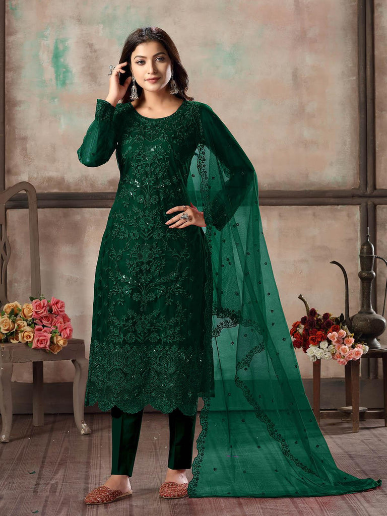 Odette Women Women Green Net Semi Stitched Salwar Suit