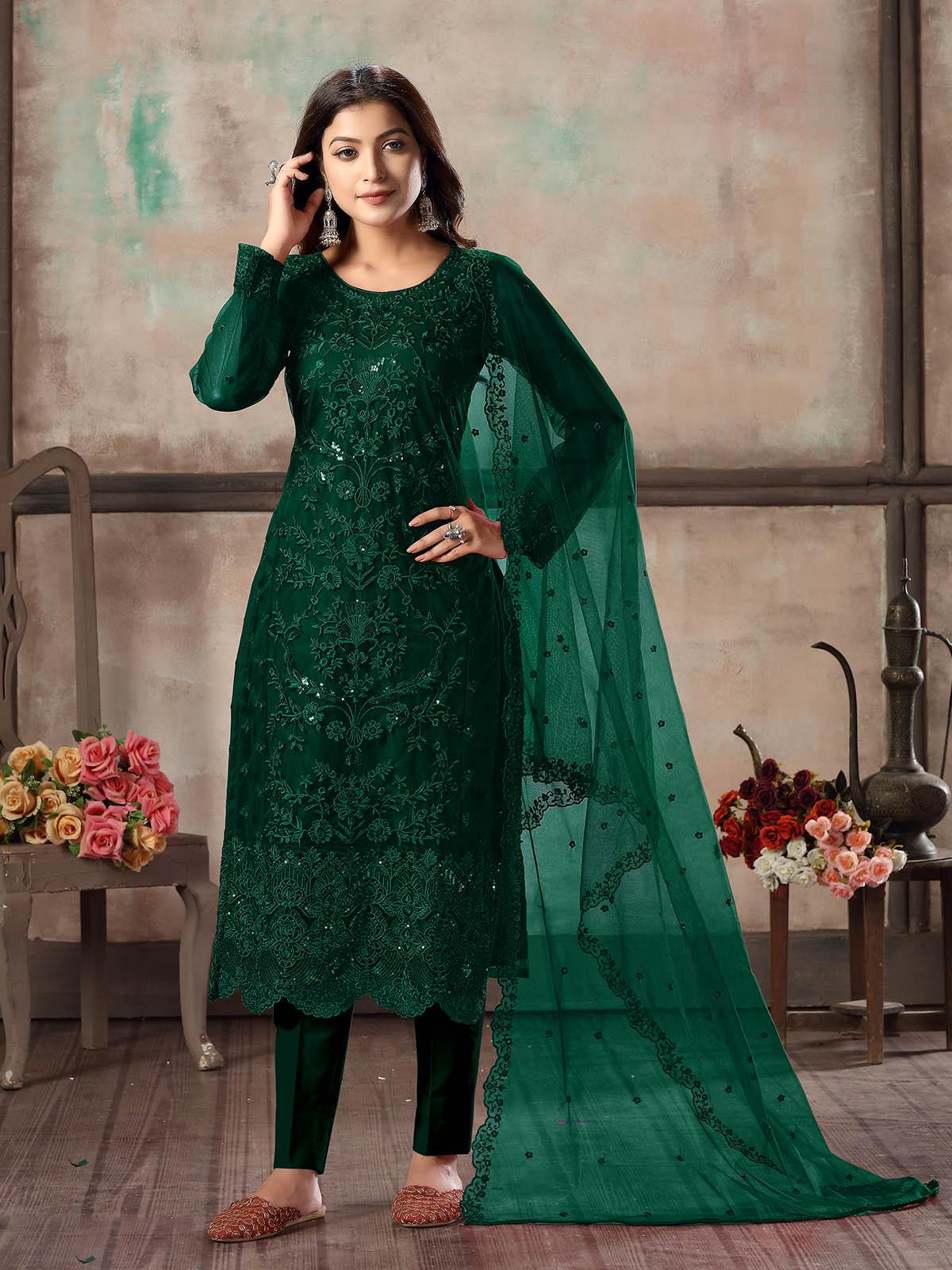 Designer Fancy Party Wear Straight Green Net Salwar Suit Semi Stitched -  shreematee - 3938251
