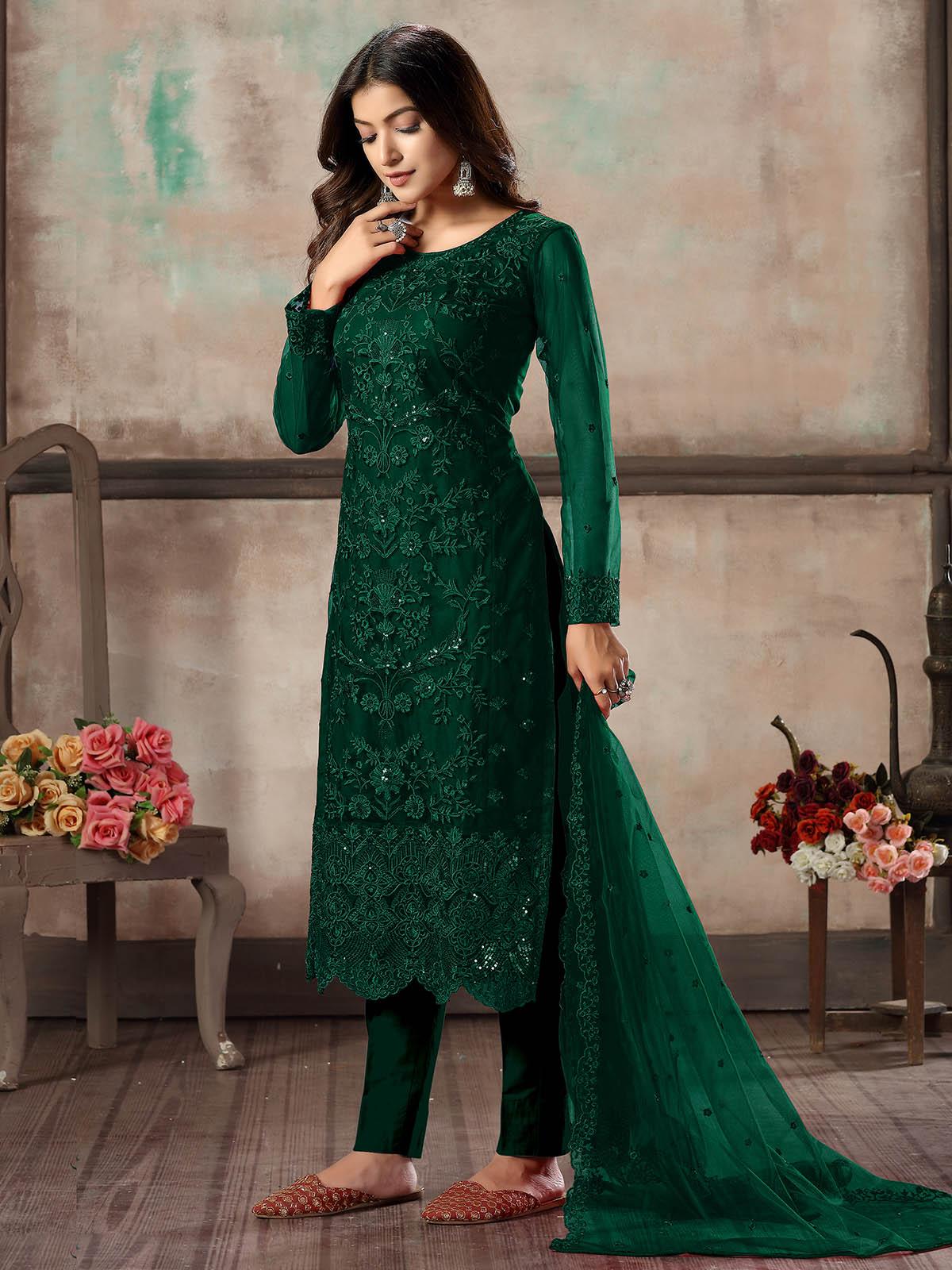 Buy Women's Green Net Semi Stitched Salwar Suit – Odette