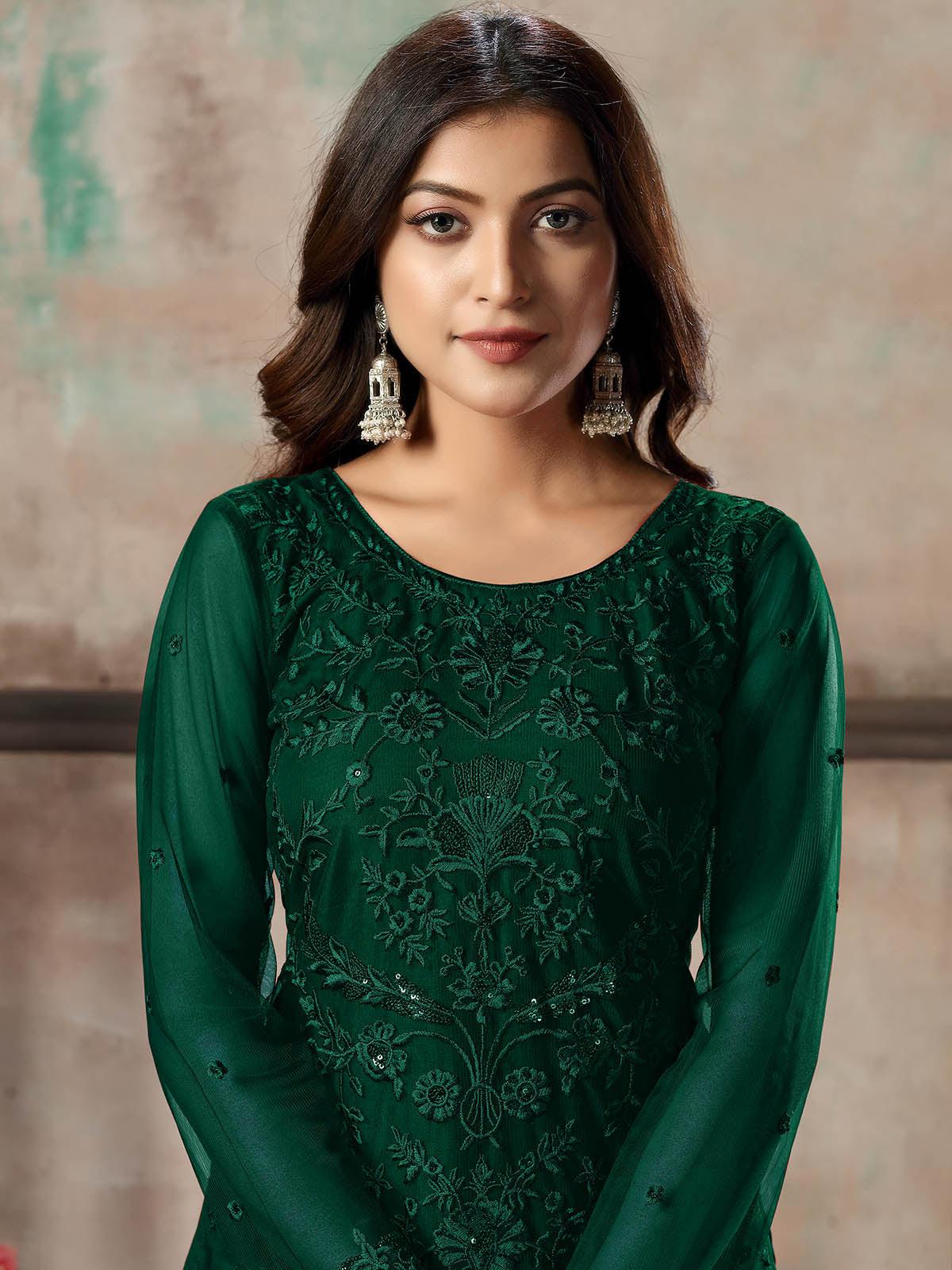 Women's Green Net Semi Stitched Salwar Suit - Odette