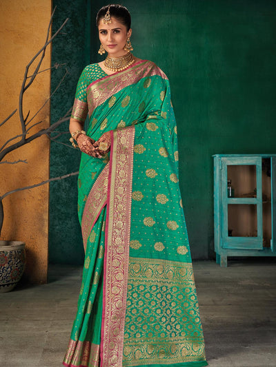 Women's Green Silk Blend Woven Design Saree With Blouse Piece - Odette